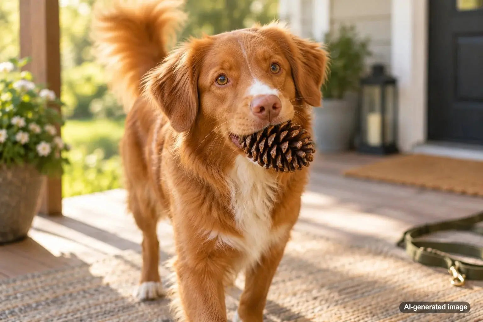 Dog carrying a pinecone during an outdoor walk, illustrating natural canine curiosity and retrieving behavior