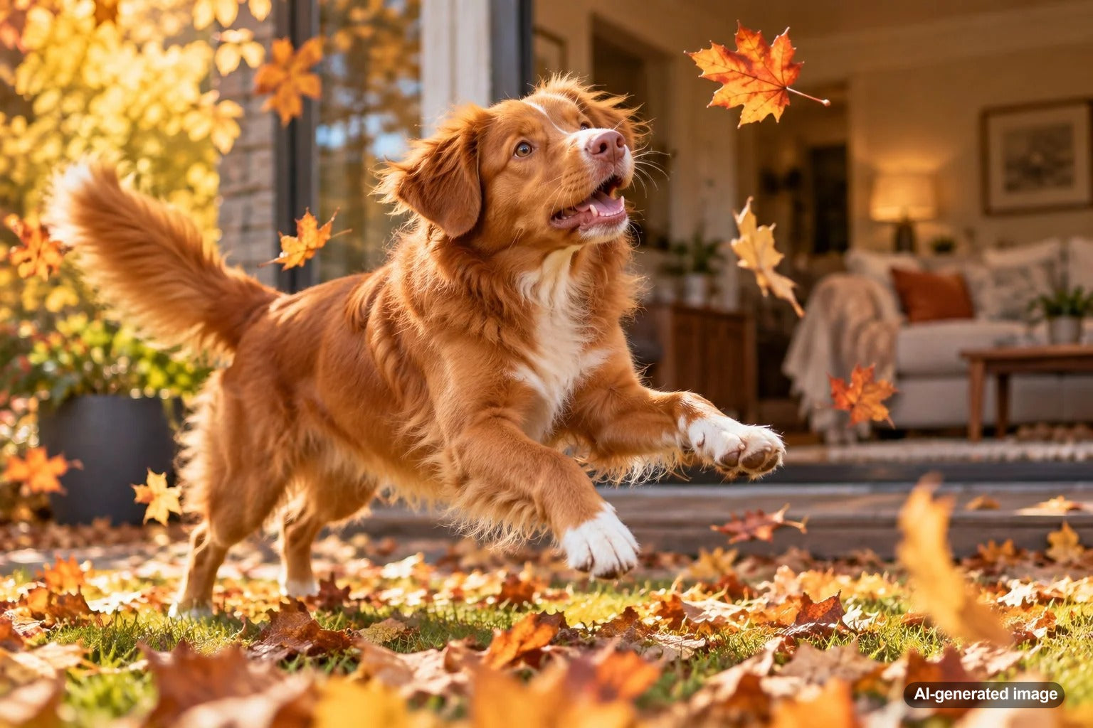 Playful dog chasing falling autumn leaves outdoors