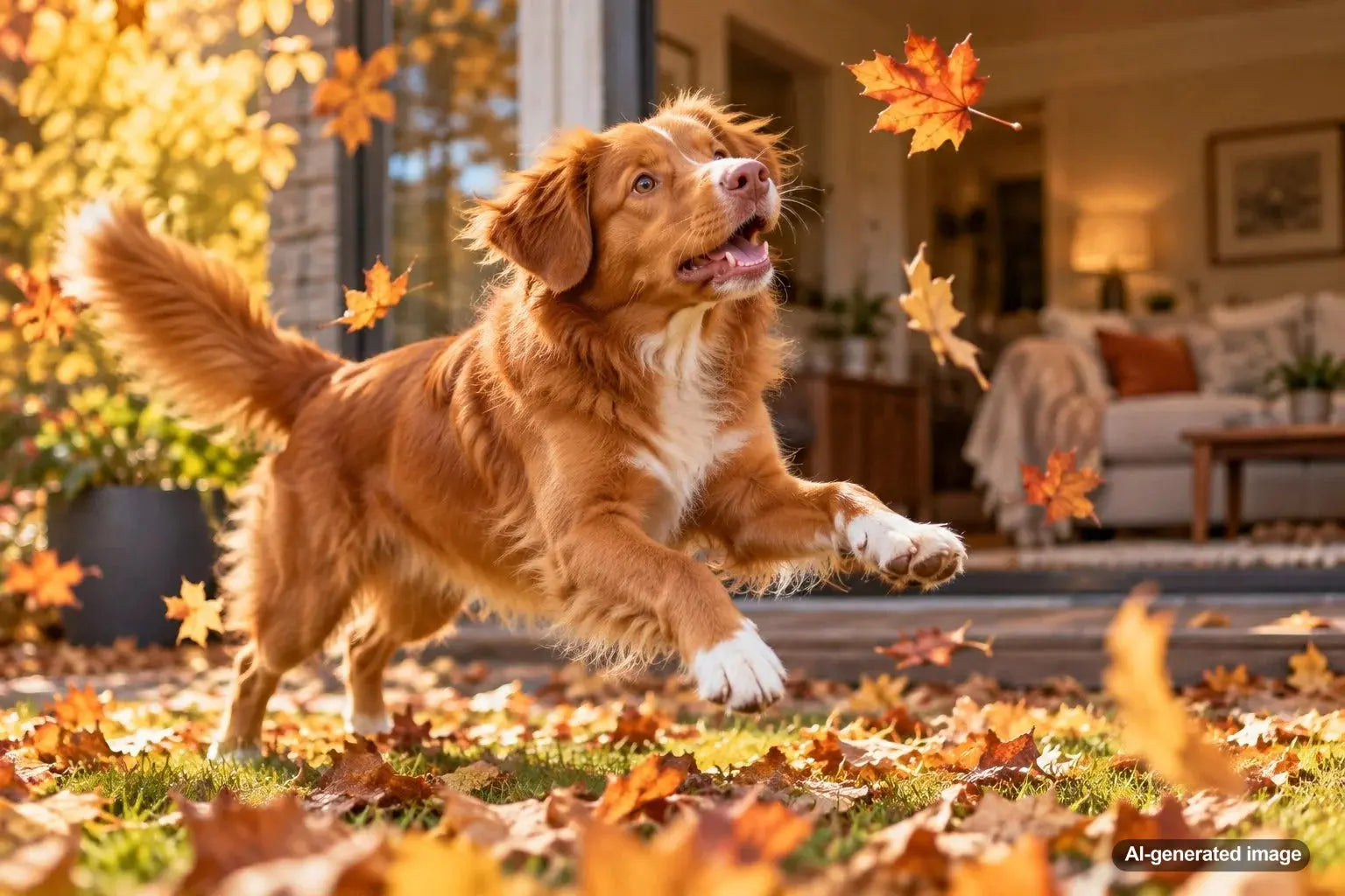 Playful dog chasing falling autumn leaves outdoors