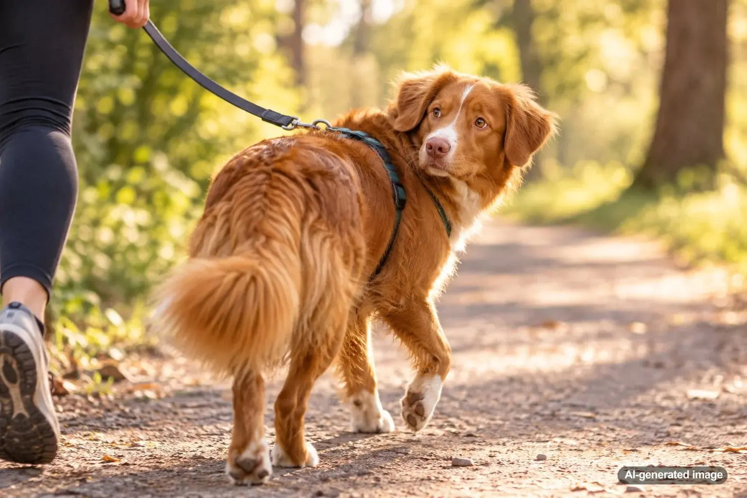 Dog looking back over its shoulder during an outdoor leash walk, illustrating why dogs check behind them