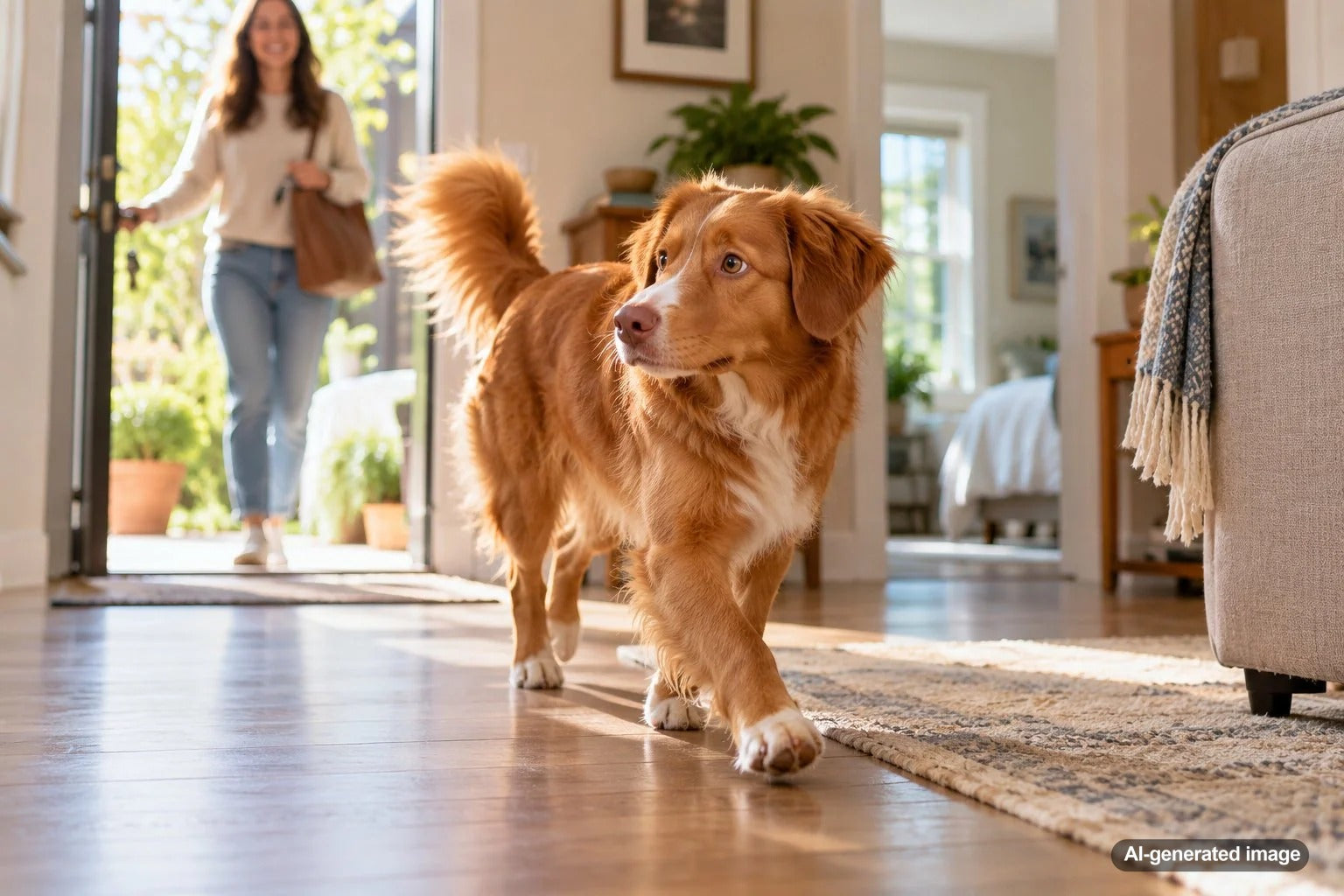 Curious dog checking rooms throughout the house after a family member arrives home