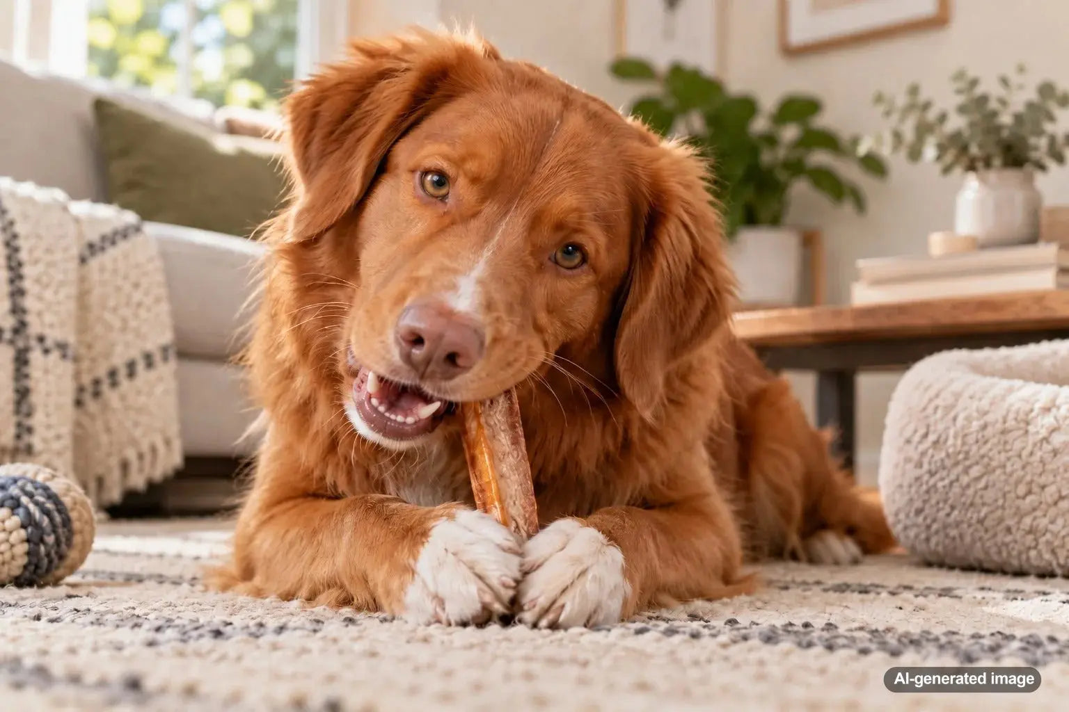 Dog chewing a treat on one side of its mouth while a pet owner observes its eating behavior