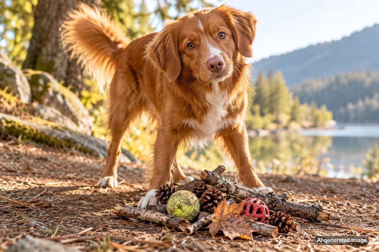 Dog collecting favorite toys and household objects into a pile, illustrating natural canine hoarding and gathering behavior