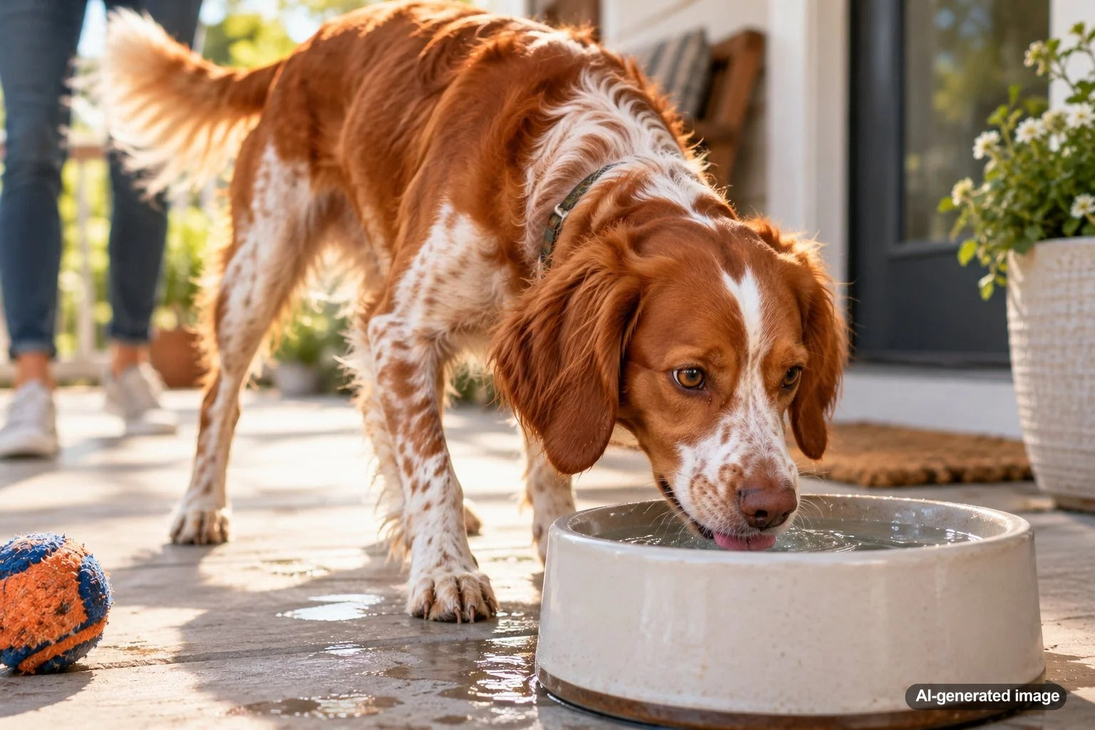 Excited dog drinking fresh water from a bowl after an energetic play session