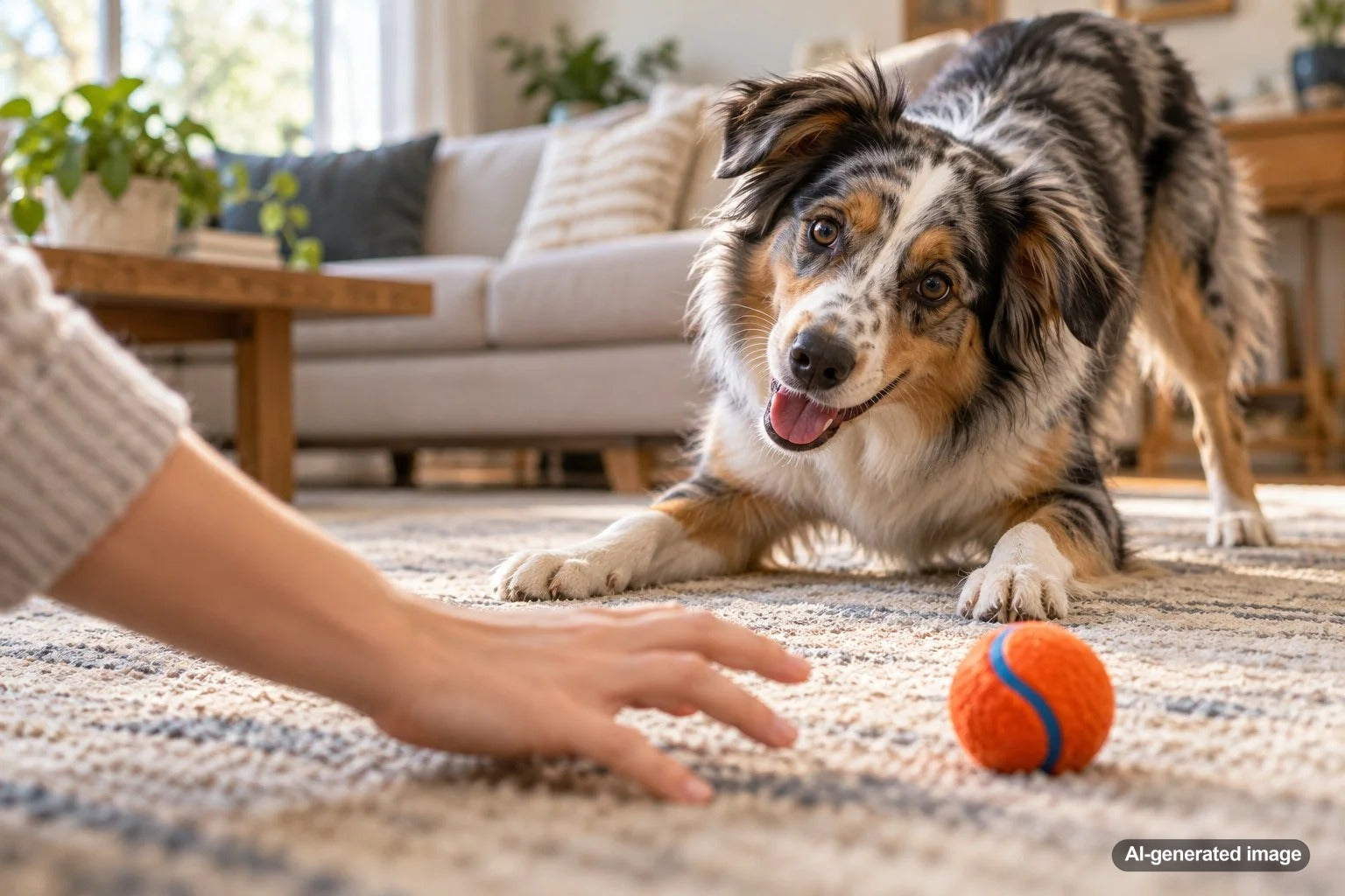 Playful dog dropping a fetch ball just beyond its owner's reach during an outdoor game
