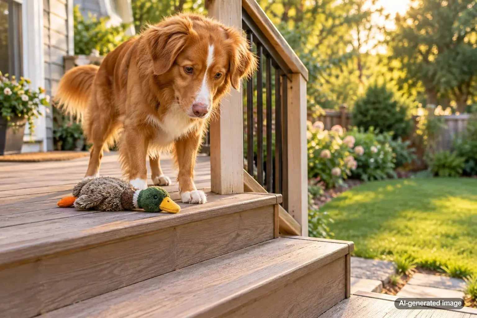 Playful dog dropping a favorite toy at the top of a household staircase and watching it tumble down the steps