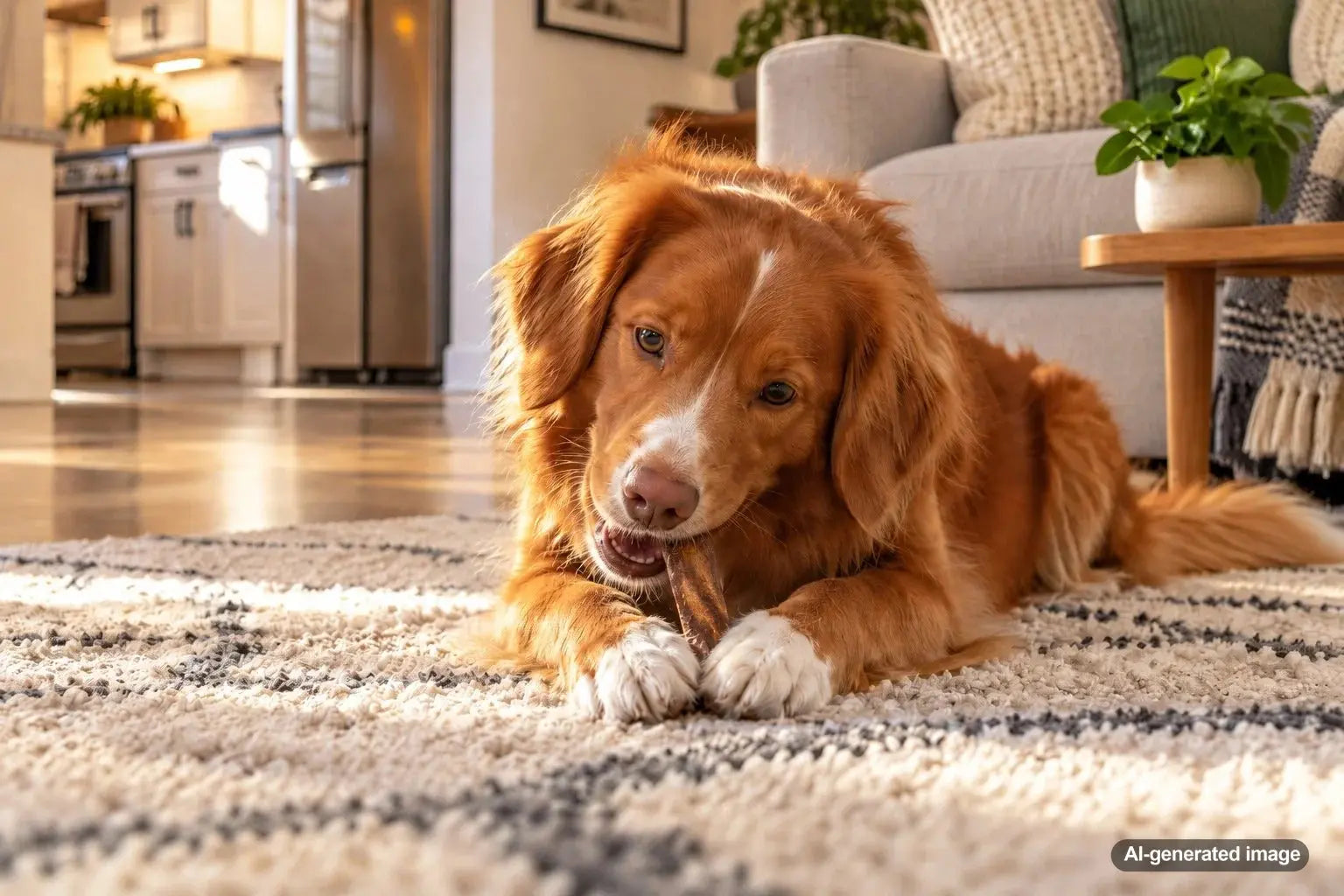Dog enjoying a treat on a soft rug instead of the hard kitchen floor