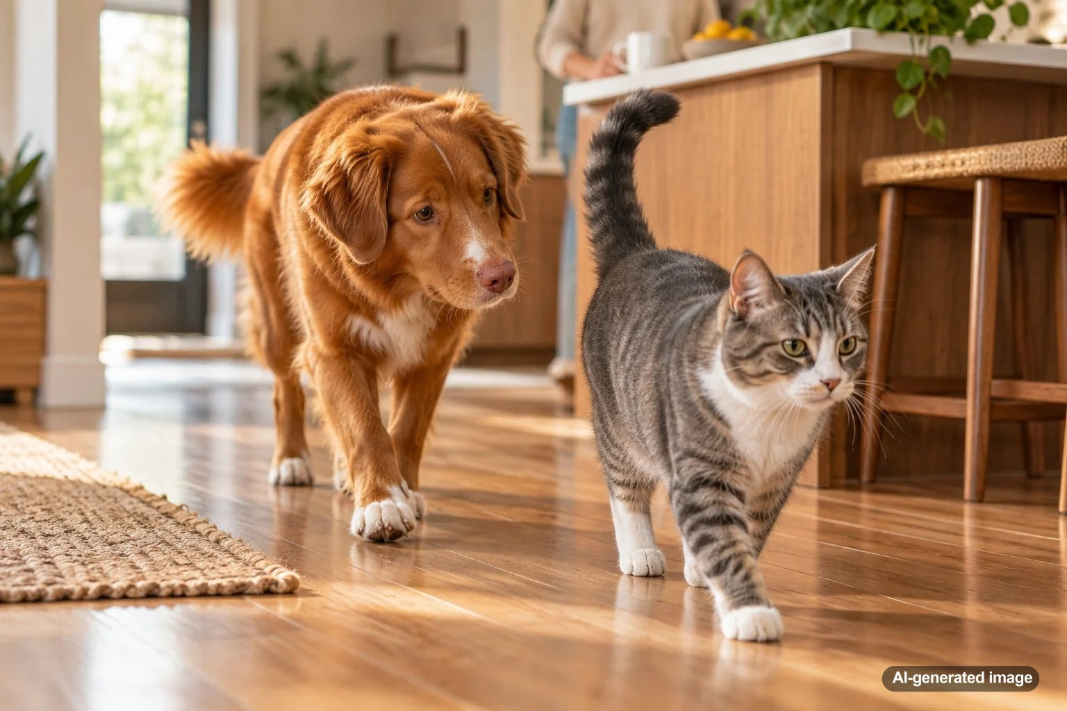Dog calmly following a cat around the house in a shared pet home