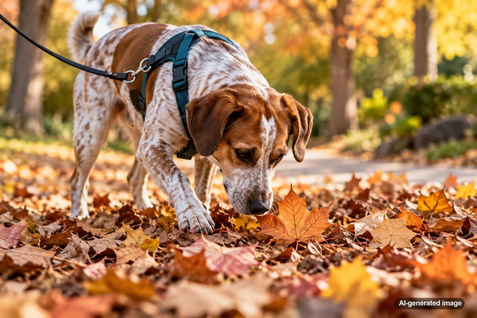 Curious dog exploring crunchy fallen autumn leaves during a fall walk outdoors