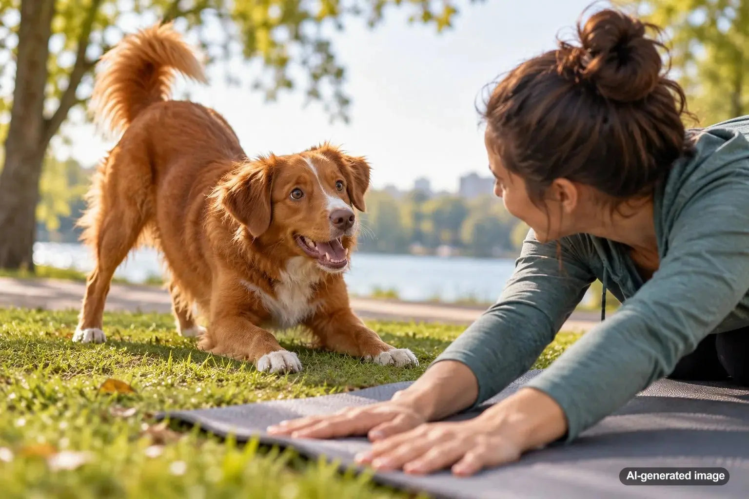Playful dog getting excited while its owner stretches on the floor at home