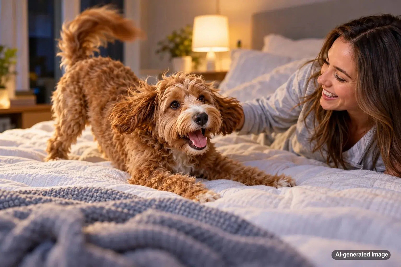 Playful dog bursting with energy and running around the living room before bedtime, illustrating nighttime dog zoomies