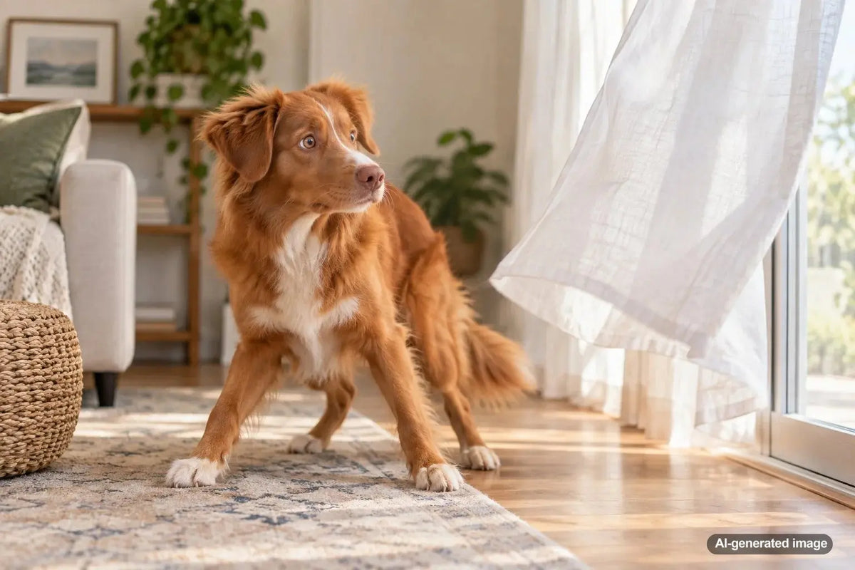 Dog cautiously watching an object moving in the wind during an outdoor walk