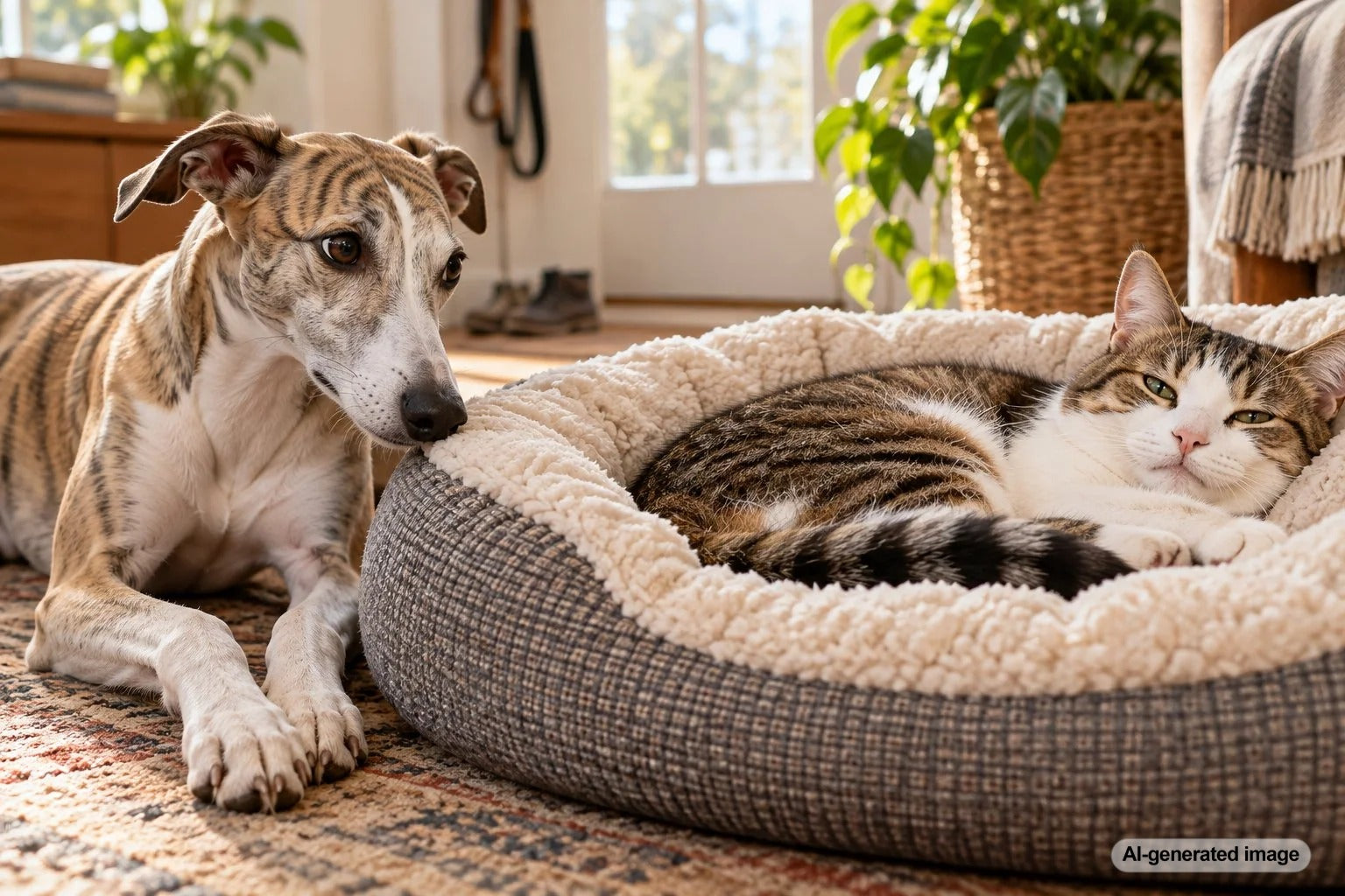 Cat relaxing in a comfortable dog bed while a gentle dog waits nearby in a cozy home