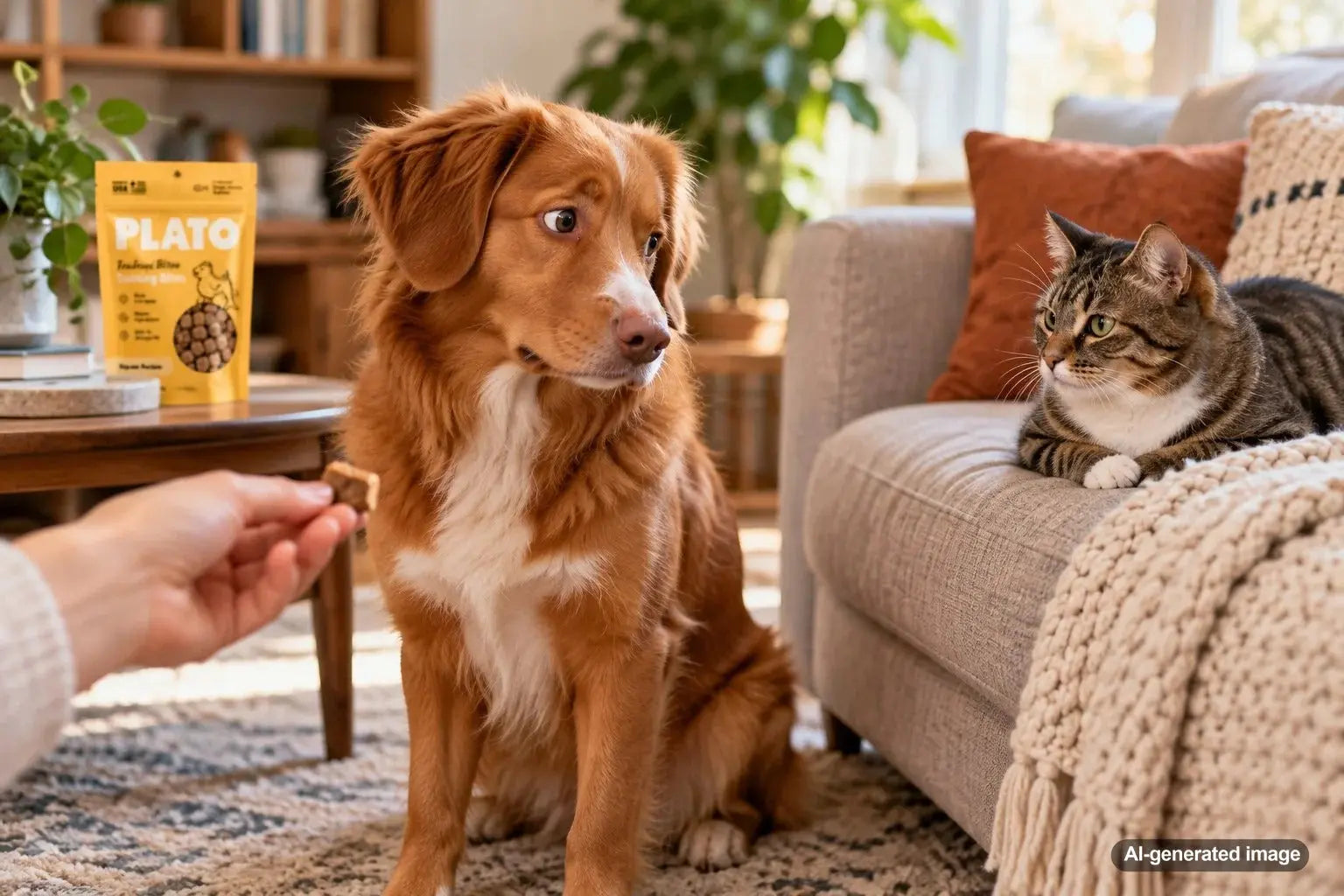 Dog looking toward a nearby cat before accepting a treat, illustrating dog body language and treat-time behavior in a multi-pet household
