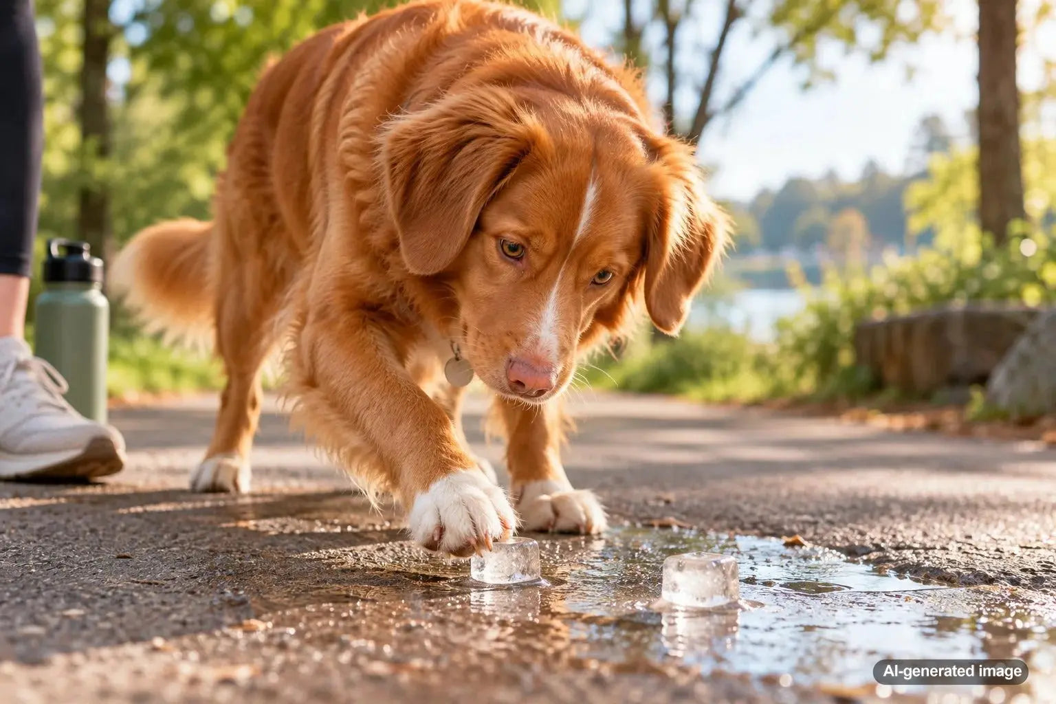 Dog curiously pawing at ice cubes on the floor