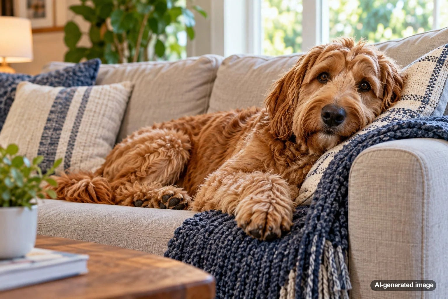Dog relaxing on a favorite side of a comfortable living room couch