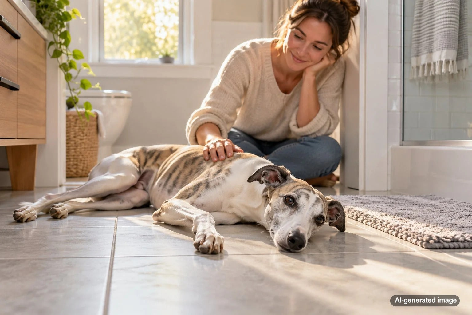 Dog resting comfortably on a cool bathroom tile floor during a warm afternoon