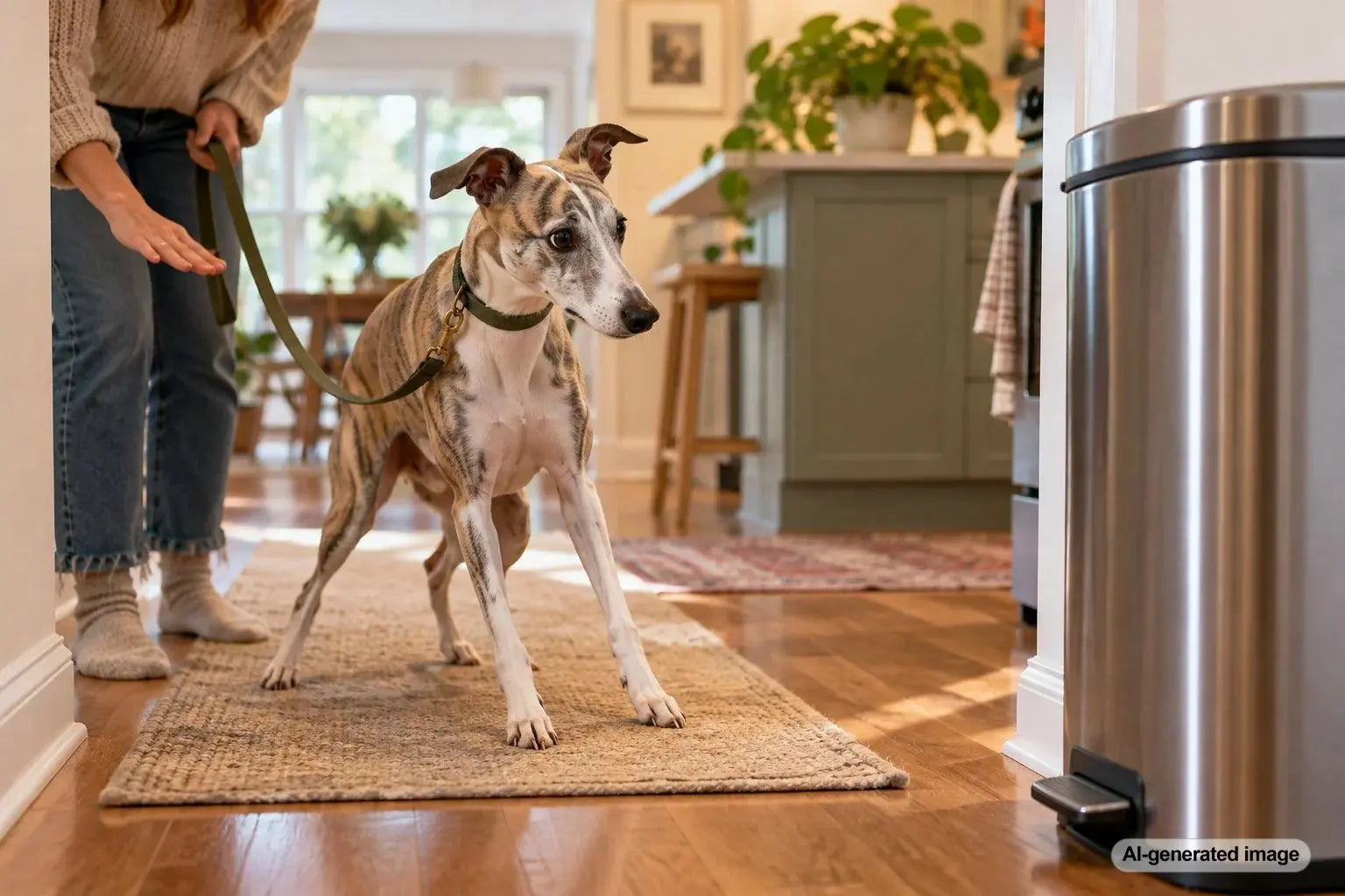 Dog hesitating during a neighborhood walk after noticing an unfamiliar trash can near the sidewalk