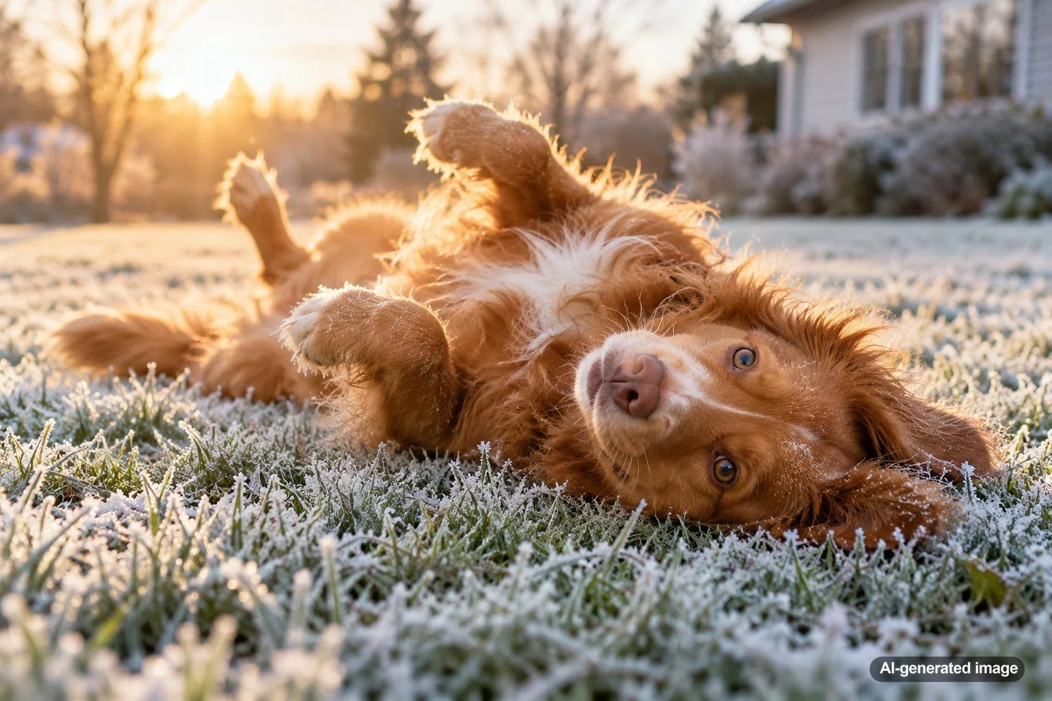 Dog playfully rolling on a frosty grass lawn during a chilly morning