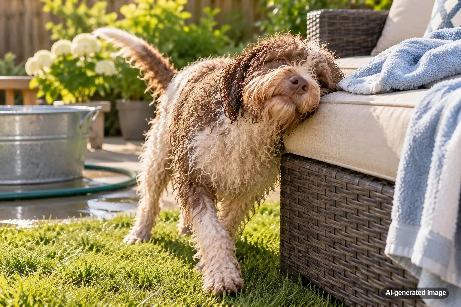 Dog rubbing against furniture after a bath while drying its wet coat