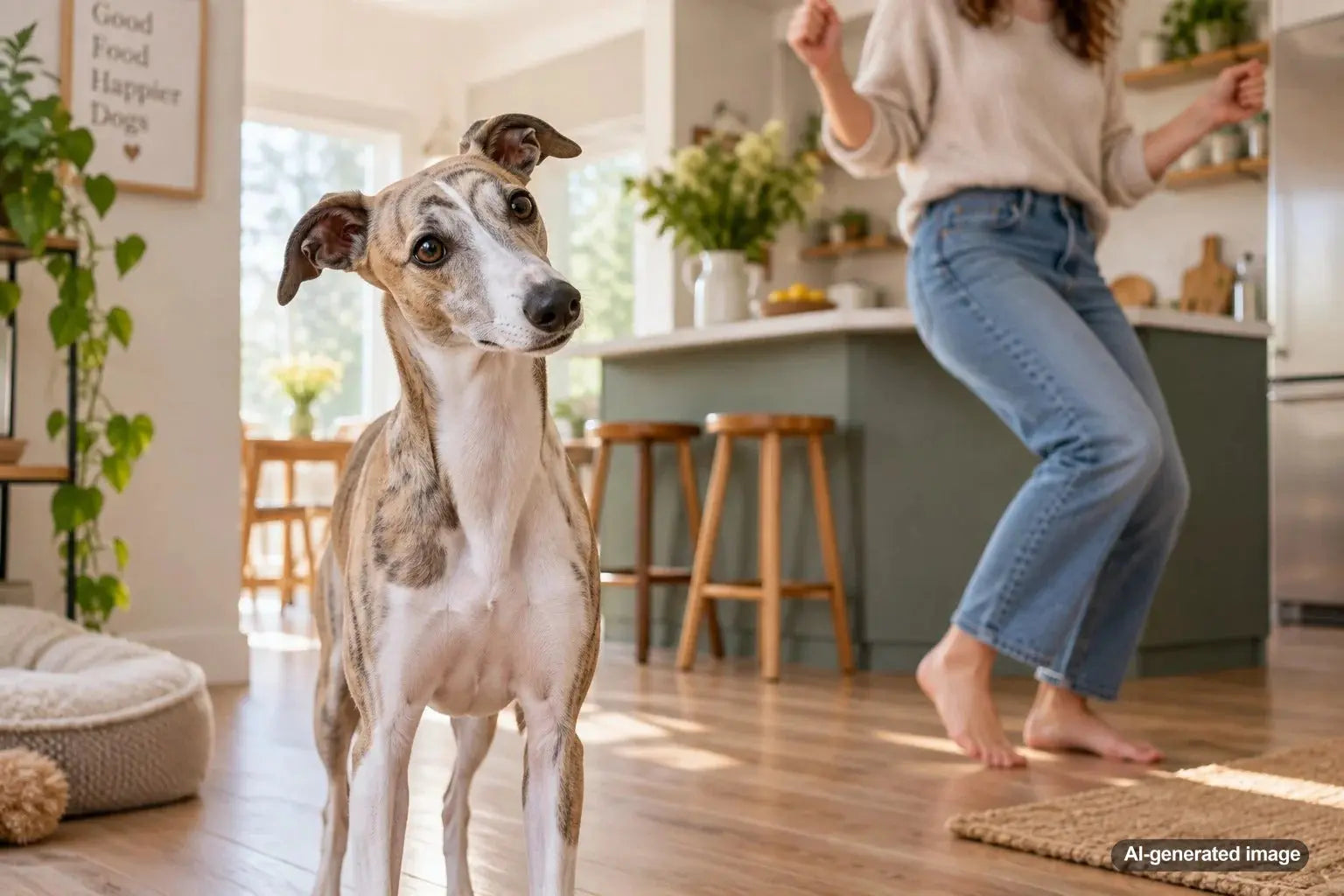 Concerned dog watching its owner dance in a living room