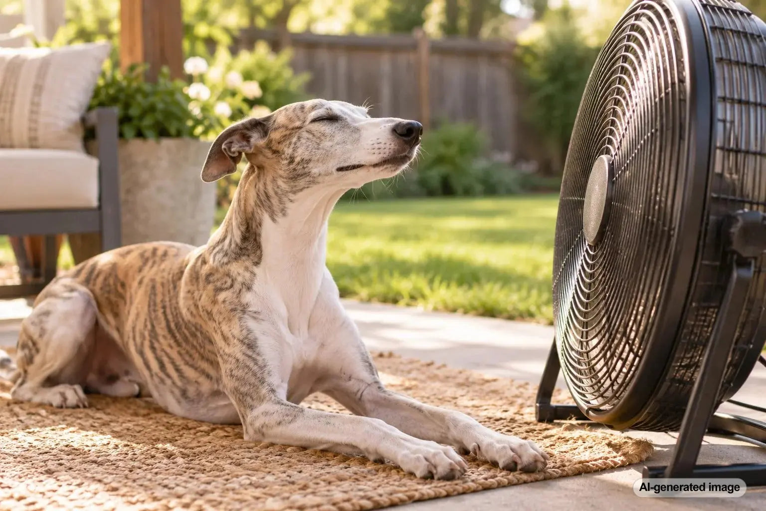 Dog sitting comfortably in front of a fan enjoying cool airflow at home
