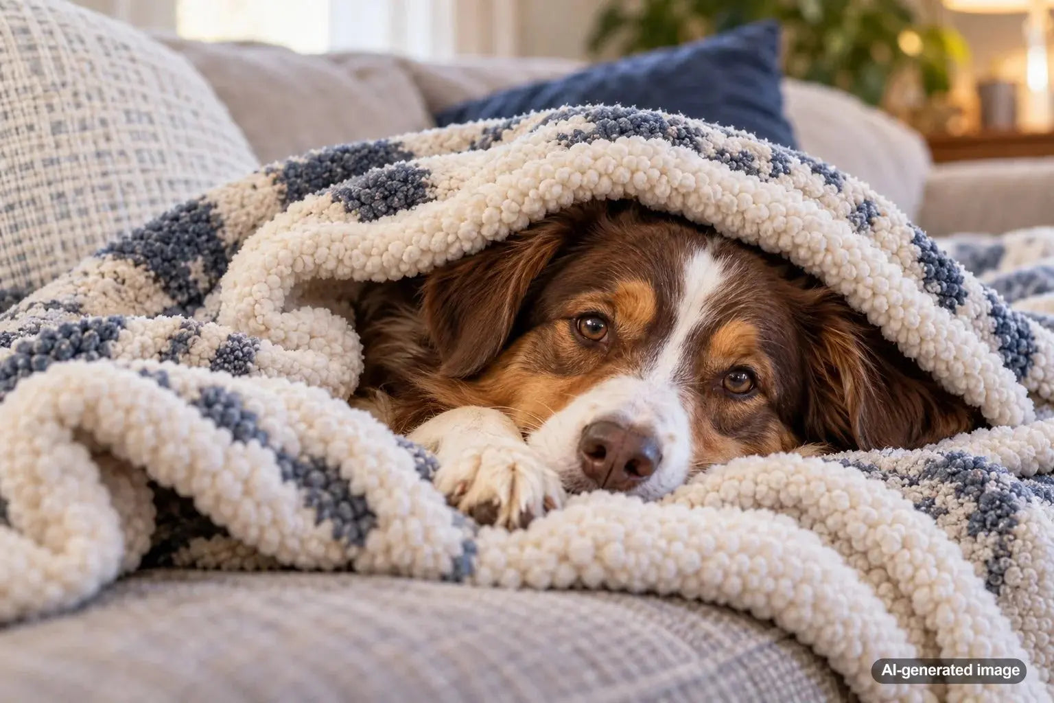 Dog sleeping comfortably under a soft blanket in a warm bedroom