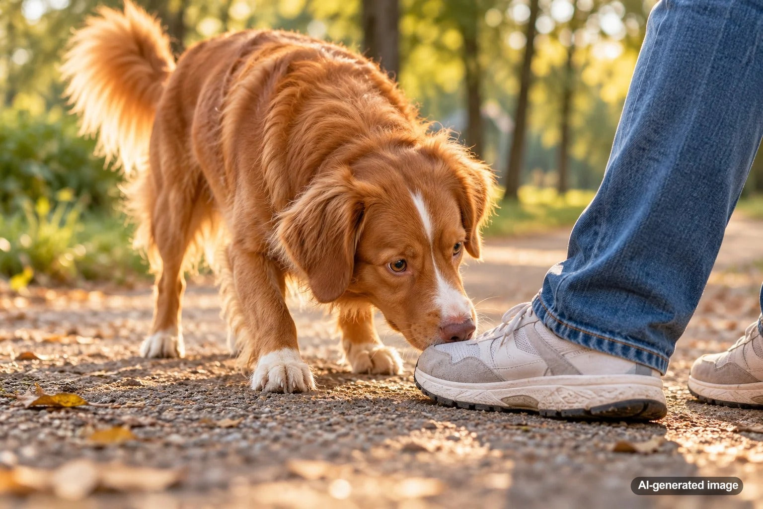 Dog smelling its owner's shoes near the doorway before greeting them