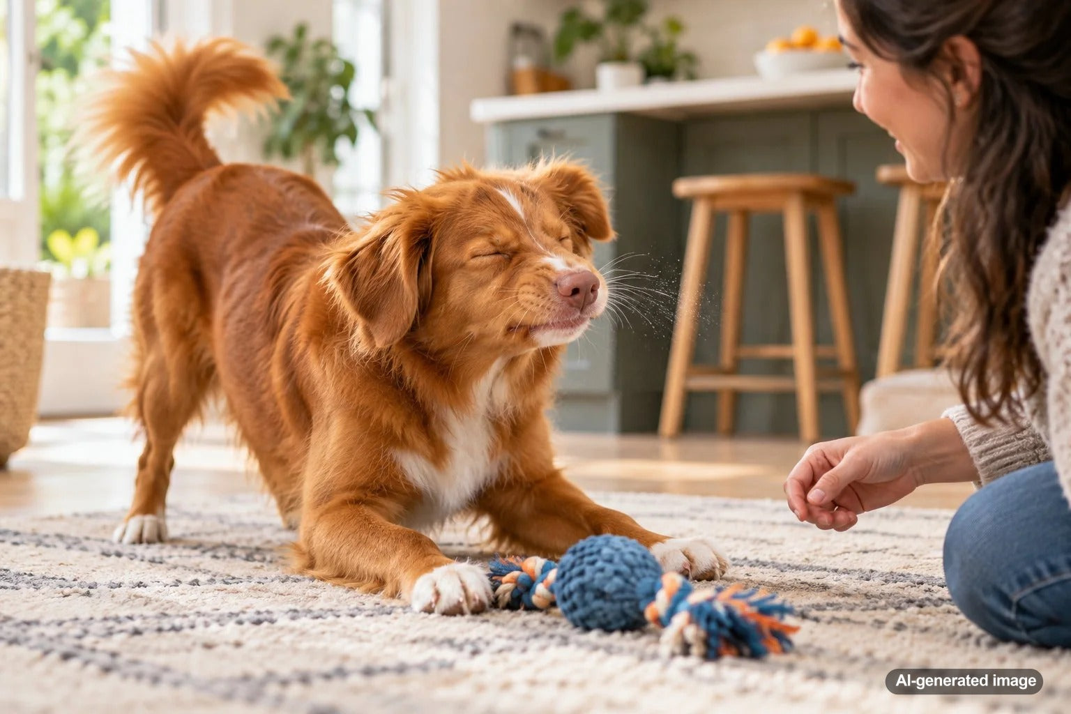 Playful dog sneezing during an energetic play session