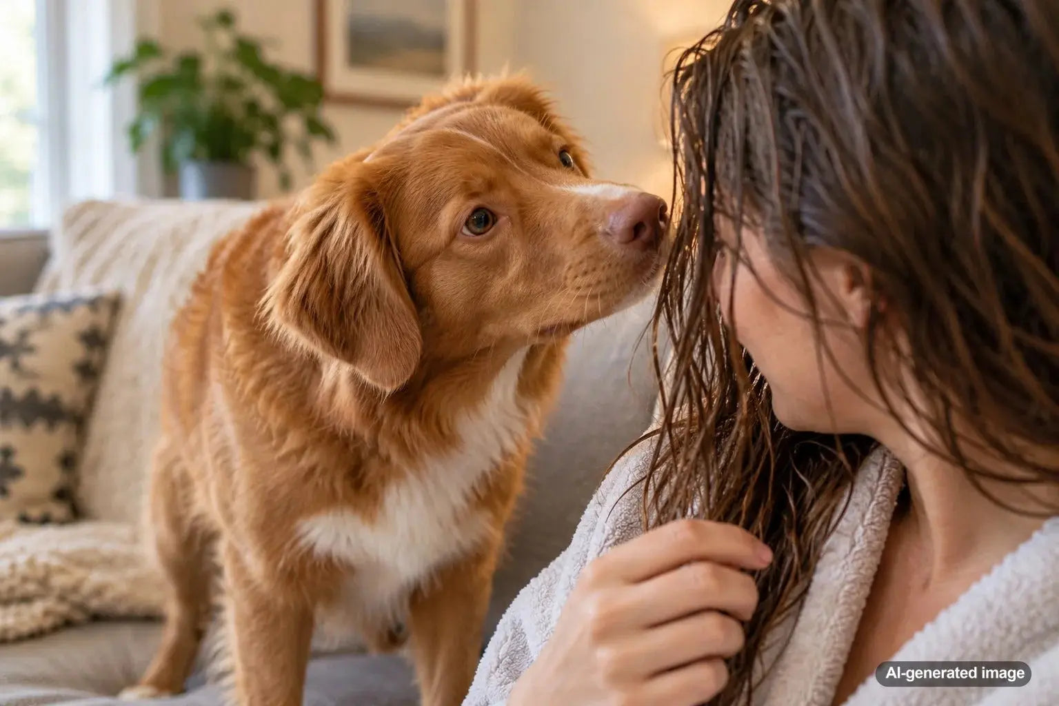 Curious dog sniffing its owner's freshly washed hair after a shower