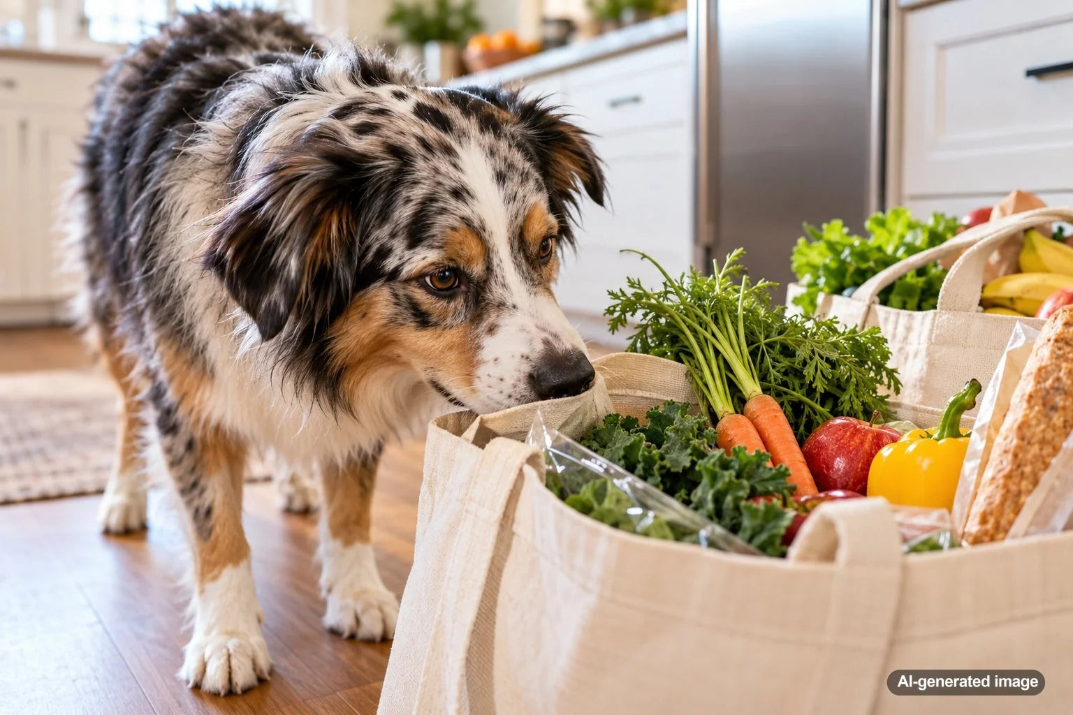 Curious dog sniffing grocery bags before they are unpacked at home