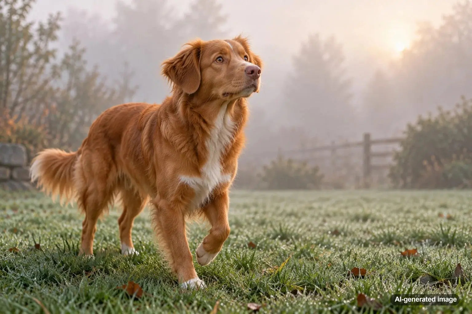 Dog stopping to listen carefully during a quiet foggy morning walk