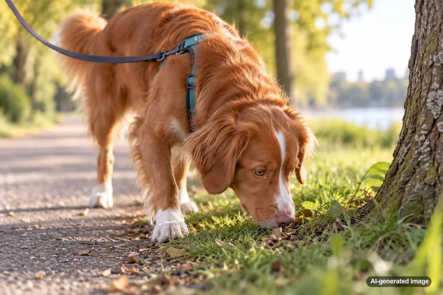 Dog stopping during a daily walk to sniff a familiar scent spot