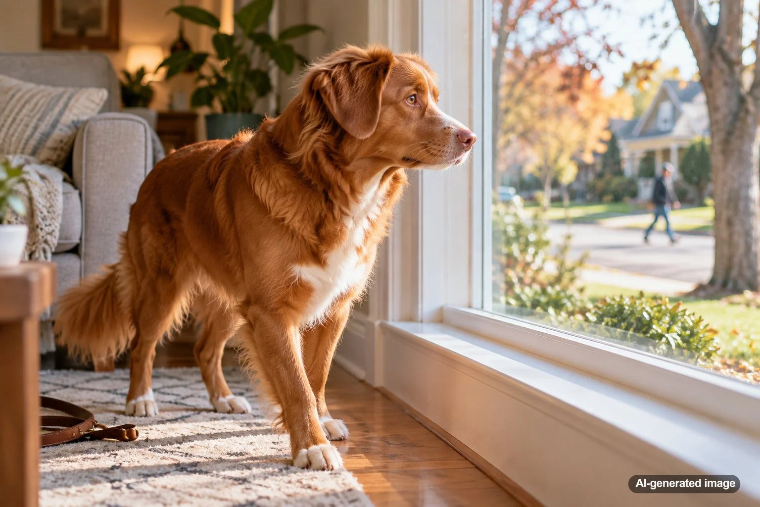 Dog stopping during a neighborhood walk to watch a person across the street