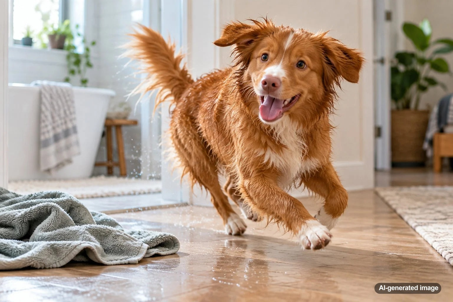 Playful dog enjoying energetic zoomies after a bath