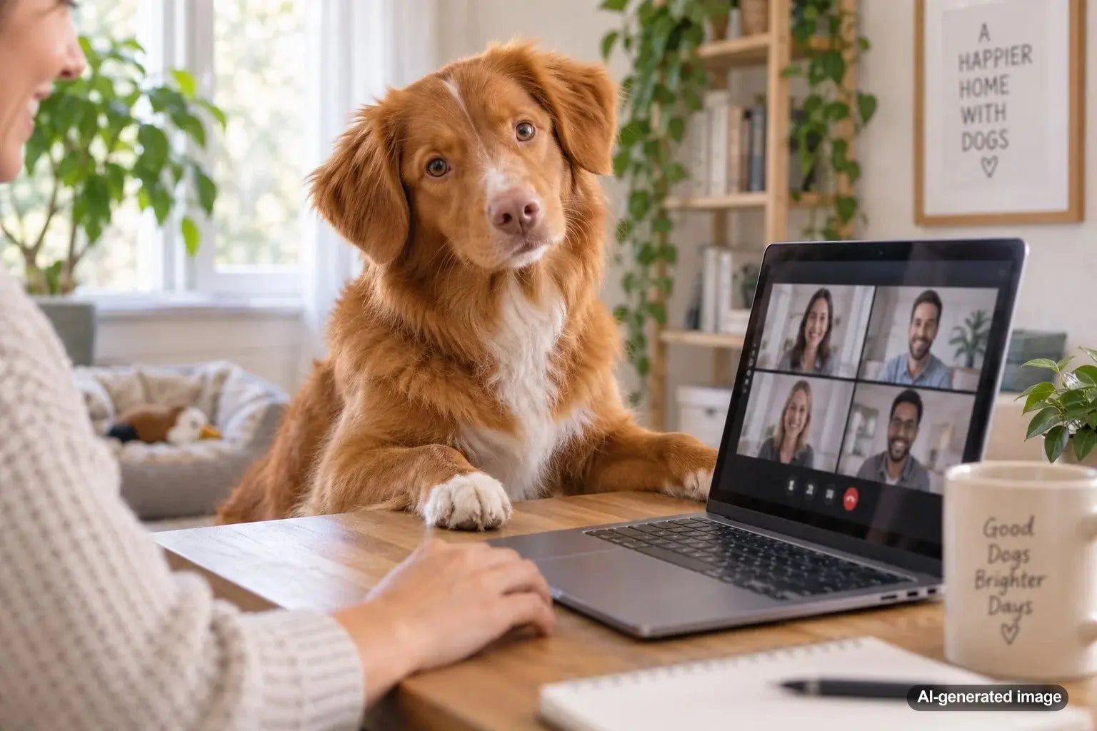 Dog curiously joining its owner during a video call at a home workspace