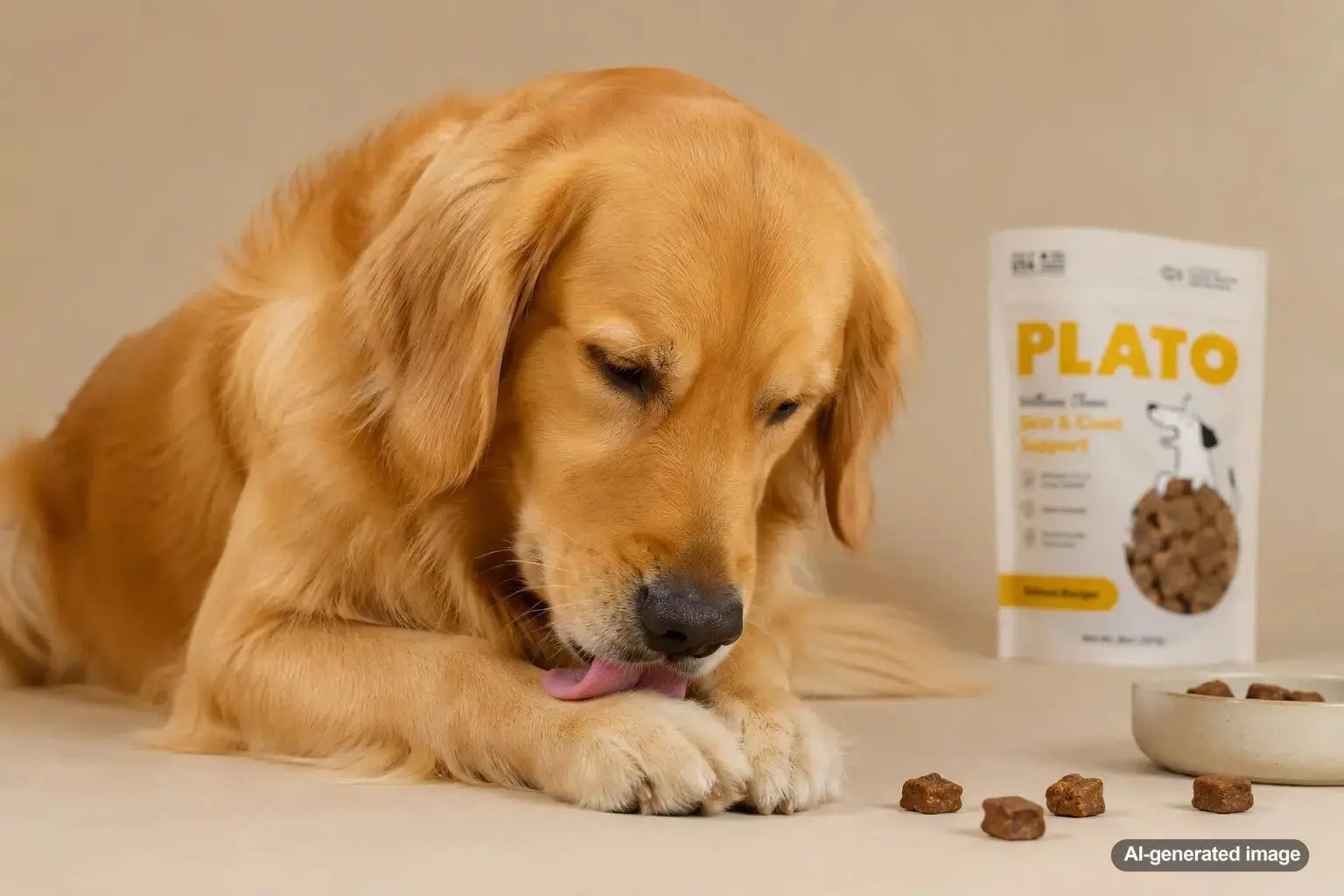 Golden Retriever licking its paws after eating specific dog treats