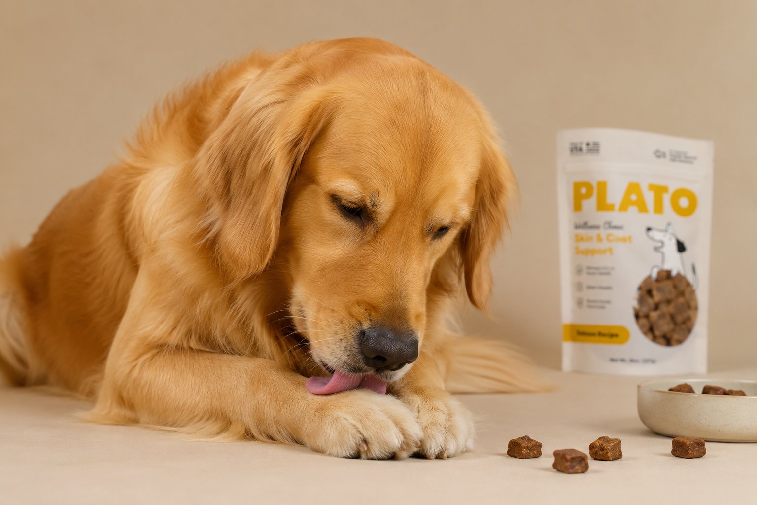 Golden Retriever licking its paws after eating specific dog treats
