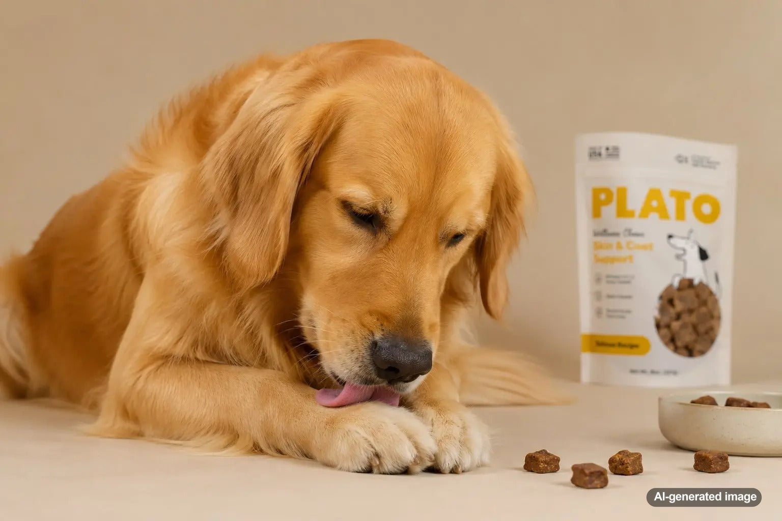 Golden Retriever licking its paws after eating specific dog treats