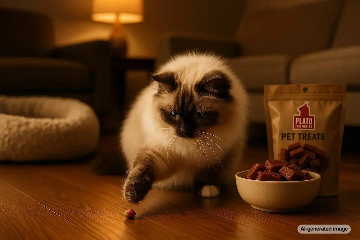 Ragdoll cat playing with treat before eating