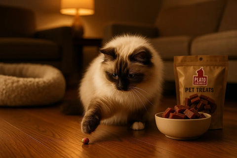 Ragdoll cat playing with treat before eating