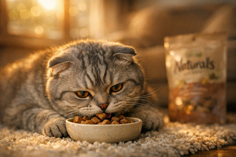 Scottish Fold cat lying down while eating treats comfortably