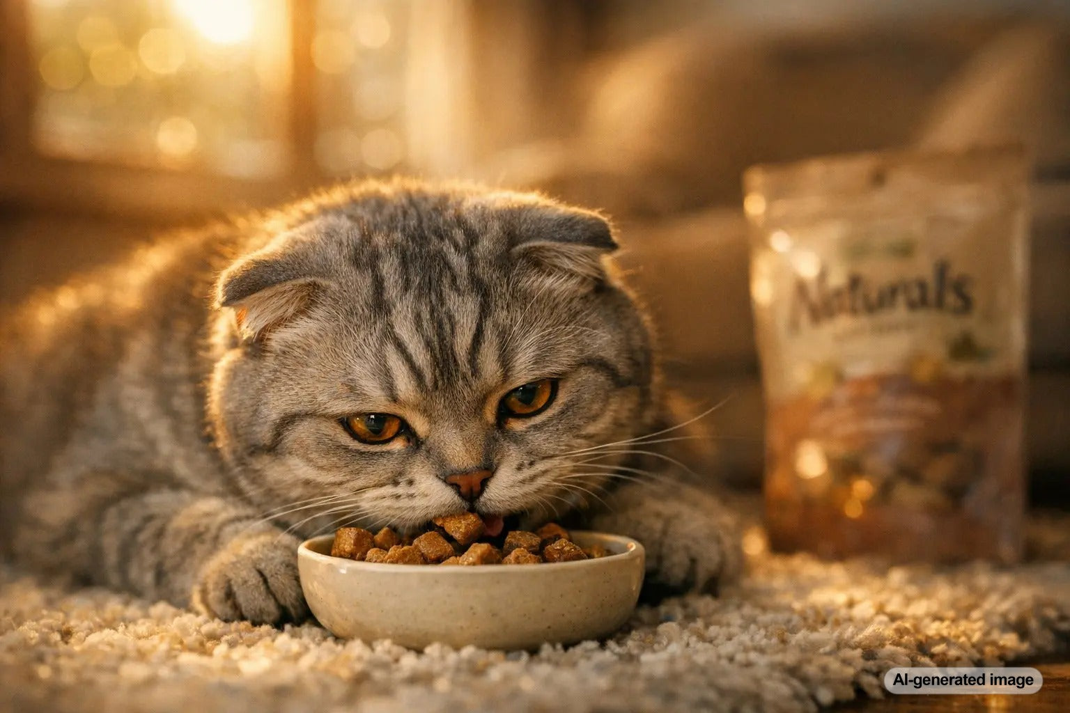 Scottish Fold cat lying down while eating treats comfortably