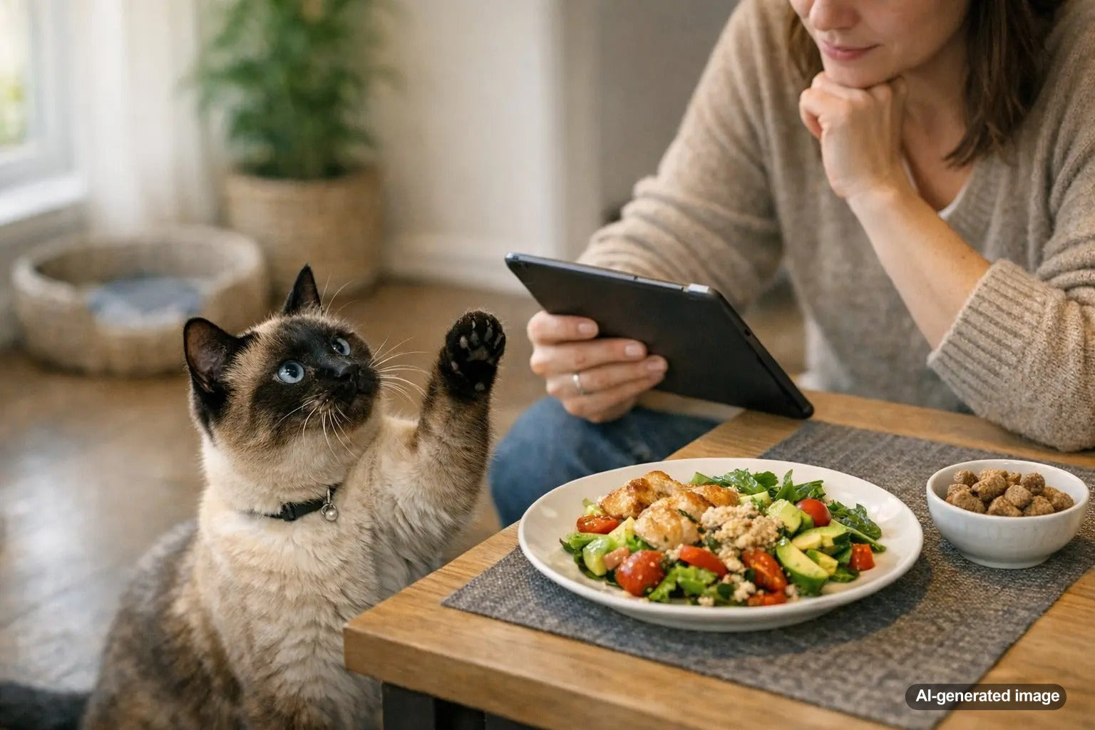 Siamese cat begging for human food at the table while looking curious and vocal
