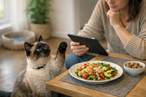 Siamese cat begging for human food at the table while looking curious and vocal