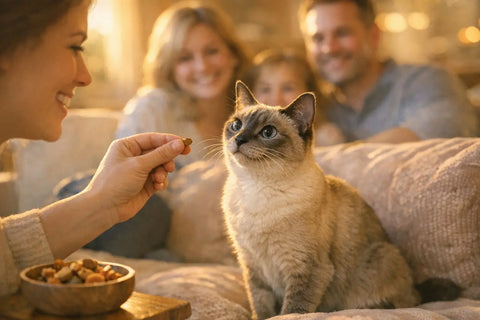 Tonkinese cat gently taking a treat from one trusted person in the home