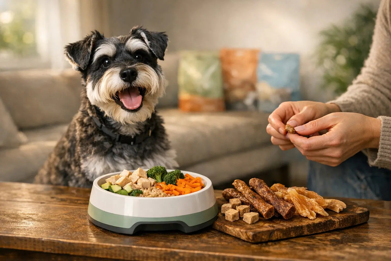 Miniature Schnauzer enjoying healthy low fat dog treats recommended by veterinarians