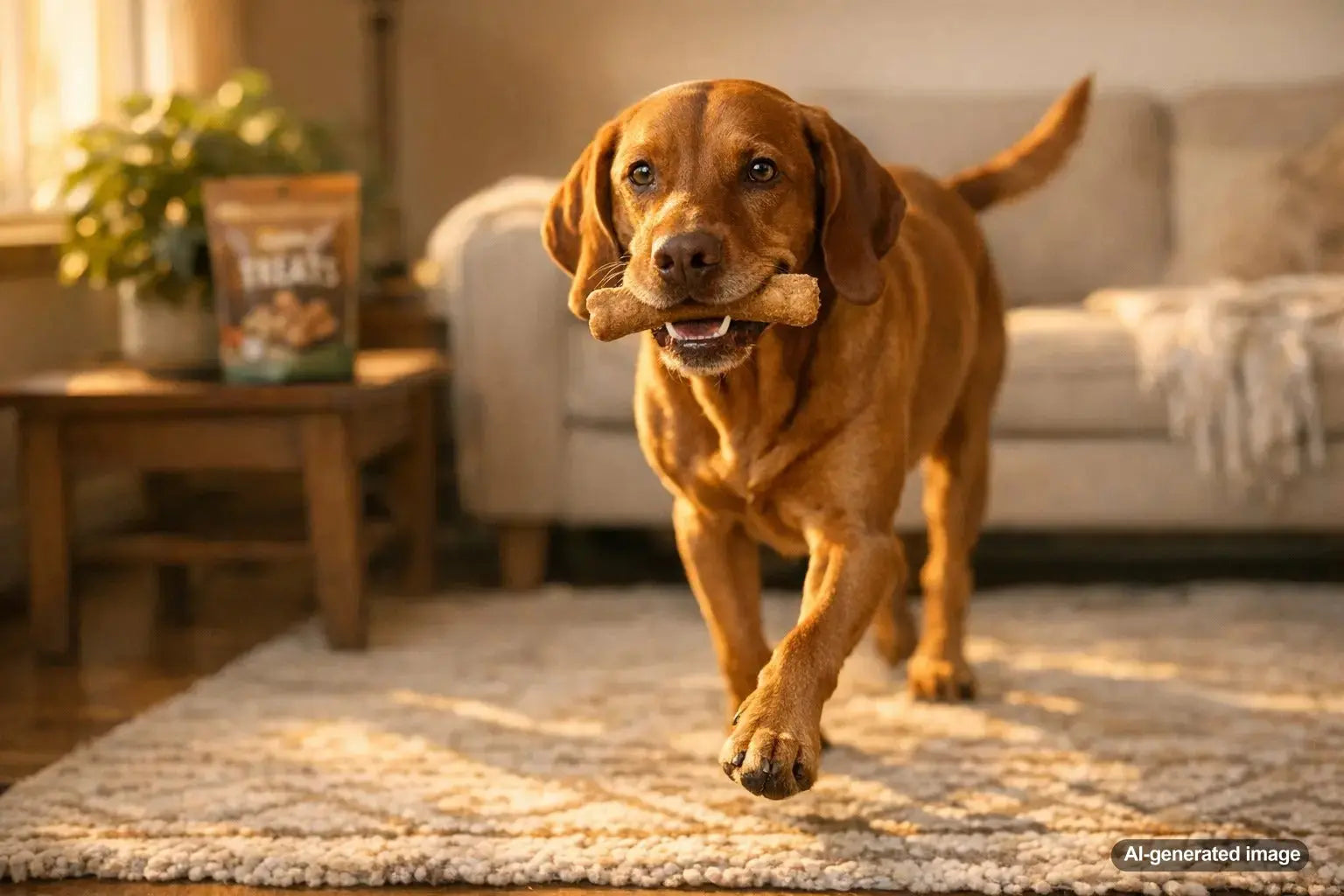 Vizsla carrying a treat in its mouth before eating it