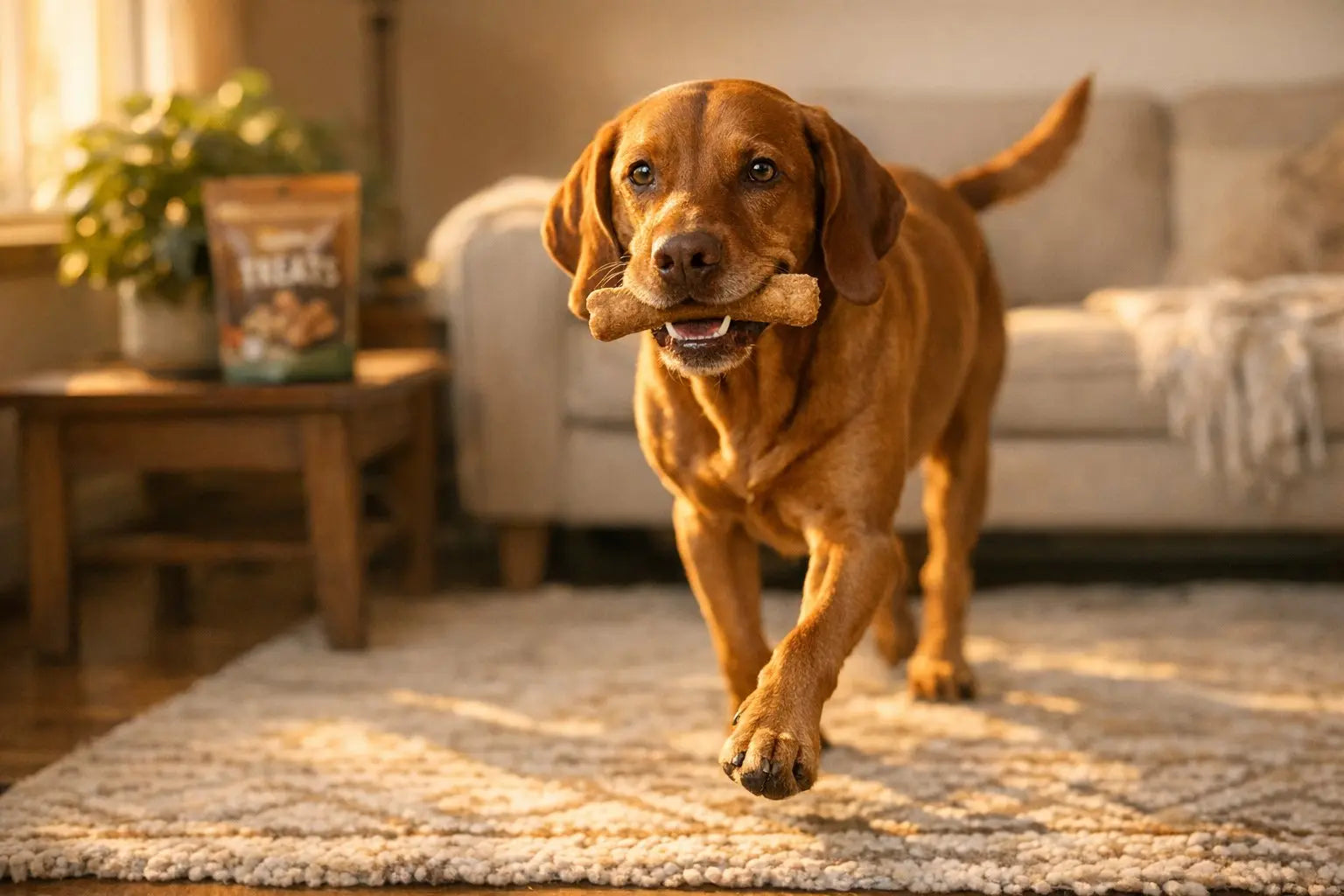 Vizsla carrying a treat in its mouth before eating it