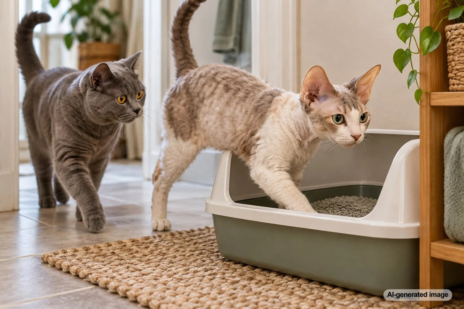 One cat following another cat toward a litter box in a multi-cat home